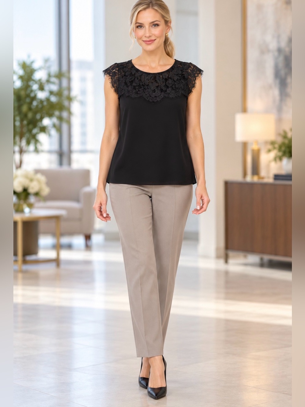 ❤️🥰Kasper Black Floral Lace Cap Sleeve Blouse – Size XL